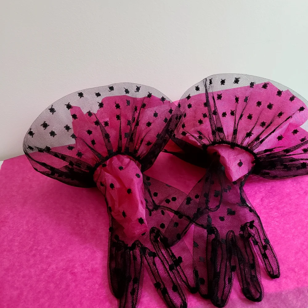 Vintage 1990s Sheer Black Polka Dot Tulle Gloves With Ruffled Cuffs